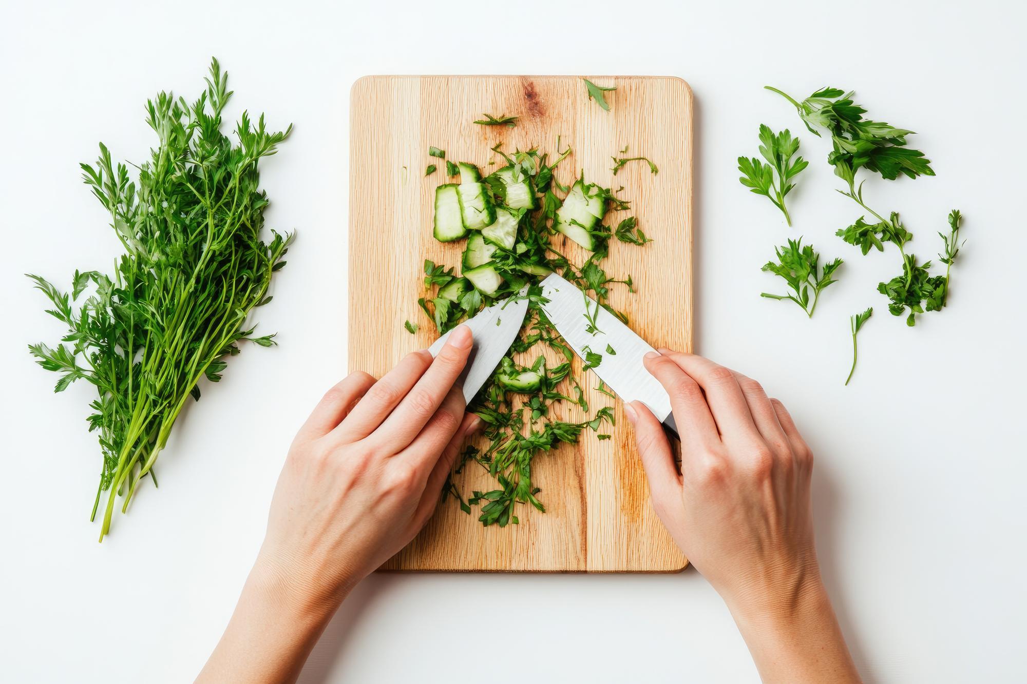 Dettaglio su mani che tagliano erbe fresche